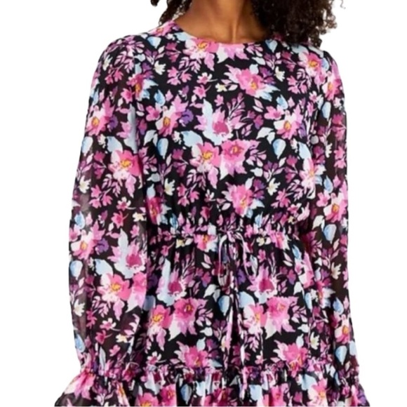 Bar Ill Purple Pink & Black Floral Ruffled Hem Mini Dress Large - Picture 4 of 11